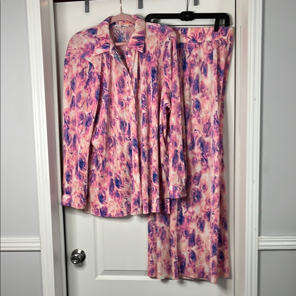 Pink and Purple Patterned Shirt and Pants Set